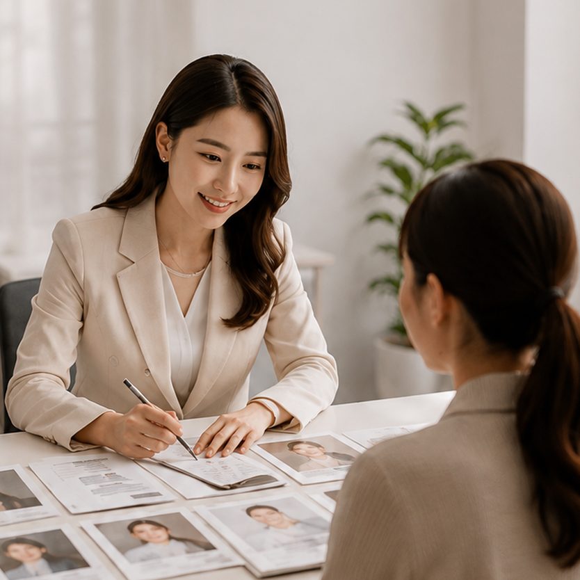 매니저와 마주 앉아 상담하는 회원